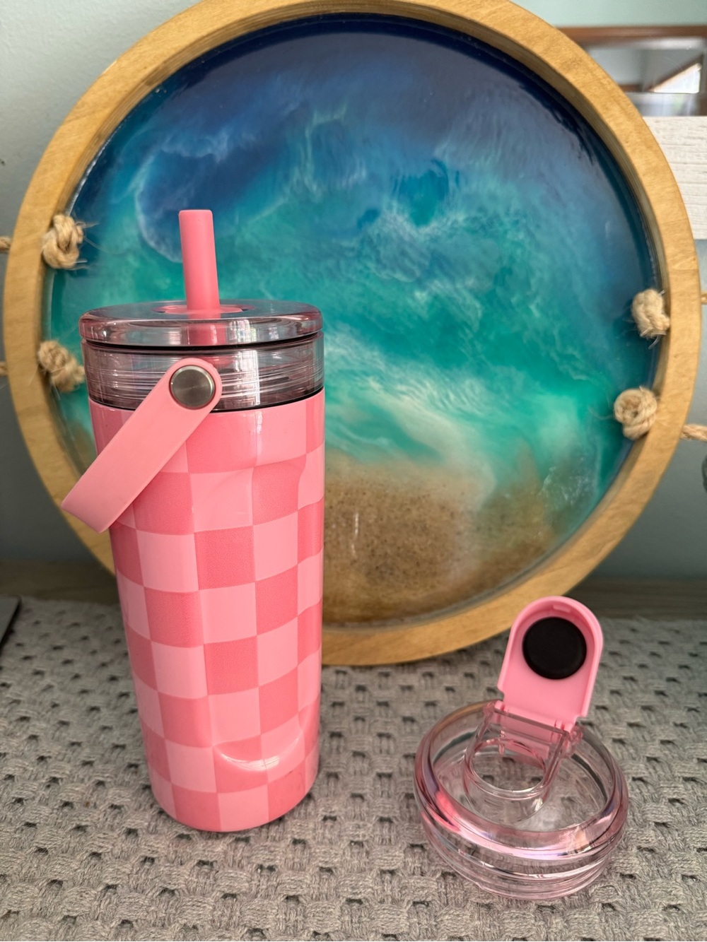 Pink Checker Travel Tumbler with Straw - Unbranded